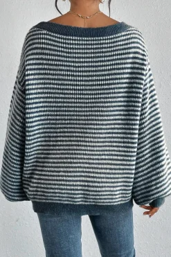 Sale Dear-Lover Striped Lantern Sleeve Drop Shoulder Cozy Sweater Sail Blue