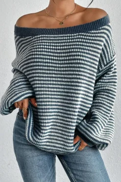 Sale Dear-Lover Striped Lantern Sleeve Drop Shoulder Cozy Sweater Sail Blue