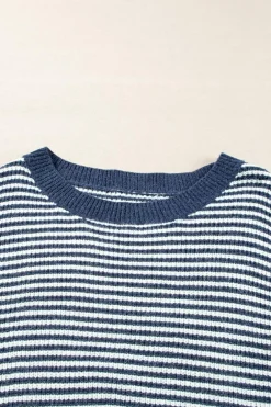 Sale Dear-Lover Striped Lantern Sleeve Drop Shoulder Cozy Sweater Sail Blue