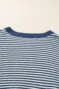 Sale Dear-Lover Striped Lantern Sleeve Drop Shoulder Cozy Sweater Sail Blue