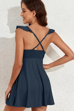 Online Dear-Lover Textured Ruffle Trim V Neck Sleeveless One Piece Flared Swimdress Sail Blue