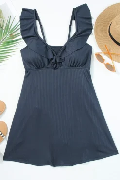 Online Dear-Lover Textured Ruffle Trim V Neck Sleeveless One Piece Flared Swimdress Sail Blue