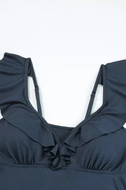 Online Dear-Lover Textured Ruffle Trim V Neck Sleeveless One Piece Flared Swimdress Sail Blue