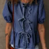 Discount Dear-Lover Tied Front Bubble Sleeve Peplum Denim Shirt Sail Blue