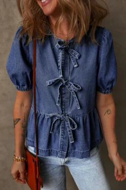 Discount Dear-Lover Tied Front Bubble Sleeve Peplum Denim Shirt Sail Blue