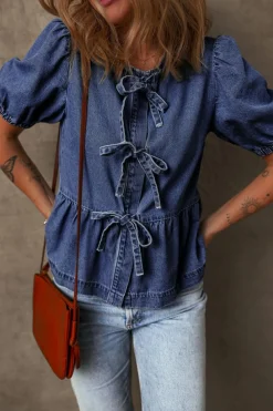 Discount Dear-Lover Tied Front Bubble Sleeve Peplum Denim Shirt Sail Blue