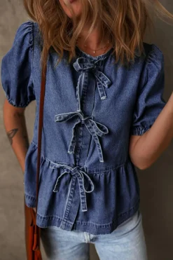 Discount Dear-Lover Tied Front Bubble Sleeve Peplum Denim Shirt Sail Blue