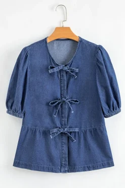 Discount Dear-Lover Tied Front Bubble Sleeve Peplum Denim Shirt Sail Blue