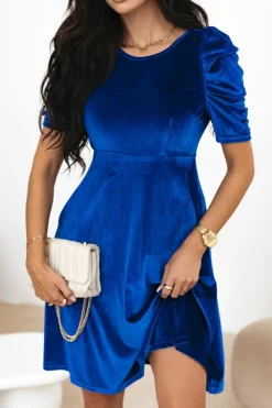Fashion Dear-Lover Velvet Ruched Short Sleeve Pocketed Mini Dress Sail Blue