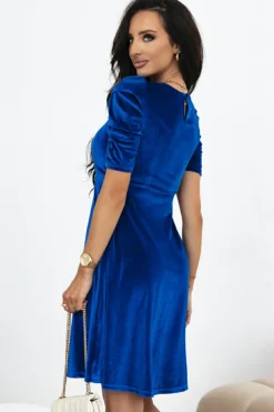 Fashion Dear-Lover Velvet Ruched Short Sleeve Pocketed Mini Dress Sail Blue