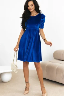 Fashion Dear-Lover Velvet Ruched Short Sleeve Pocketed Mini Dress Sail Blue