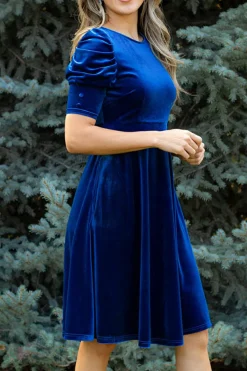 Fashion Dear-Lover Velvet Ruched Short Sleeve Pocketed Mini Dress Sail Blue