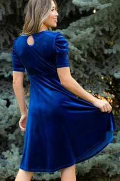 Fashion Dear-Lover Velvet Ruched Short Sleeve Pocketed Mini Dress Sail Blue