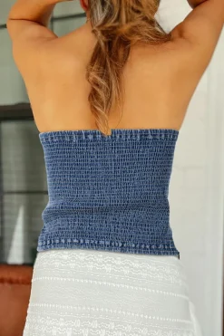 Clearance Dear-Lover Vintage Bow Front Smocked Back Denim Tube Top Sail Blue