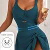 Best Dear-Lover Adjustable Straps Cutout Ruched Knot Slit One Piece Swim Dress Sea Green