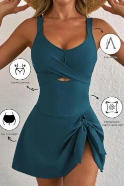 Best Dear-Lover Adjustable Straps Cutout Ruched Knot Slit One Piece Swim Dress Sea Green