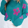 Clearance Dear-Lover Big Flower Hollowed Knit Drop Shoulder Sweater Sea Green