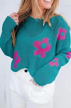 Clearance Dear-Lover Big Flower Hollowed Knit Drop Shoulder Sweater Sea Green