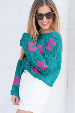Clearance Dear-Lover Big Flower Hollowed Knit Drop Shoulder Sweater Sea Green