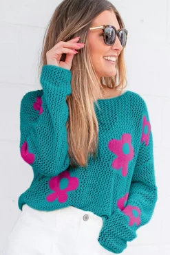Clearance Dear-Lover Big Flower Hollowed Knit Drop Shoulder Sweater Sea Green