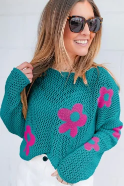 Clearance Dear-Lover Big Flower Hollowed Knit Drop Shoulder Sweater Sea Green