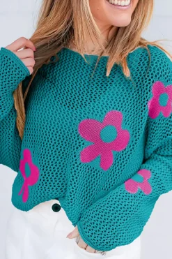 Clearance Dear-Lover Big Flower Hollowed Knit Drop Shoulder Sweater Sea Green