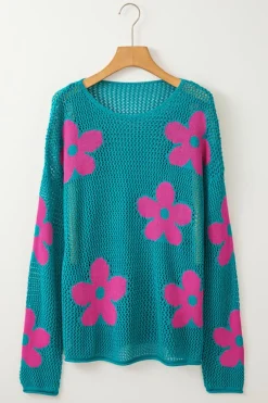 Clearance Dear-Lover Big Flower Hollowed Knit Drop Shoulder Sweater Sea Green