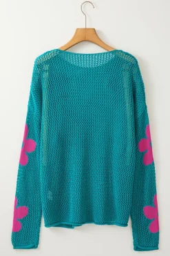 Clearance Dear-Lover Big Flower Hollowed Knit Drop Shoulder Sweater Sea Green