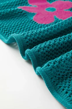 Clearance Dear-Lover Big Flower Hollowed Knit Drop Shoulder Sweater Sea Green