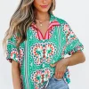 Outlet Dear-Lover Boho Abstract Print Contrast Striped Collared V Neck Blouse Sea Green