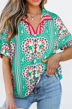 Outlet Dear-Lover Boho Abstract Print Contrast Striped Collared V Neck Blouse Sea Green