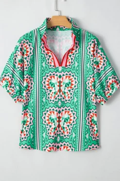 Outlet Dear-Lover Boho Abstract Print Contrast Striped Collared V Neck Blouse Sea Green