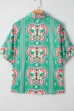 Outlet Dear-Lover Boho Abstract Print Contrast Striped Collared V Neck Blouse Sea Green