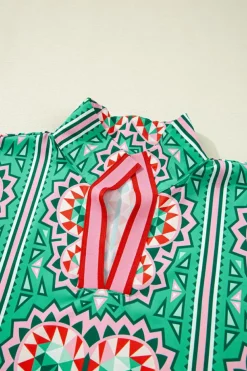 Outlet Dear-Lover Boho Abstract Print Contrast Striped Collared V Neck Blouse Sea Green