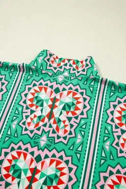 Outlet Dear-Lover Boho Abstract Print Contrast Striped Collared V Neck Blouse Sea Green