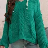 Discount Dear-Lover Cable Knit V Neck Contrast Drawstring Hooded Sweater Sea Green