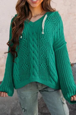 Discount Dear-Lover Cable Knit V Neck Contrast Drawstring Hooded Sweater Sea Green