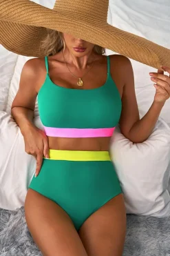 New Dear-Lover Contrast Trim Colorblock Patchwork High Waisted Bikini Sea Green
