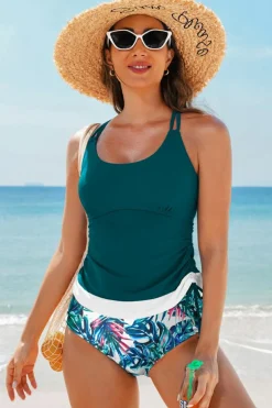 New Dear-Lover Drawstring Tummy Control Mix-and-match 2pcs Tankini Swimsuit Sea Green