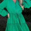 New Dear-Lover Frilly V Neck Puff Sleeve Drawstring Shift Mini Dress Sea Green