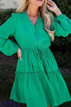 New Dear-Lover Frilly V Neck Puff Sleeve Drawstring Shift Mini Dress Sea Green