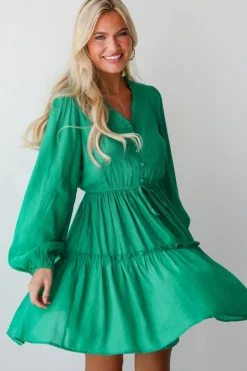 New Dear-Lover Frilly V Neck Puff Sleeve Drawstring Shift Mini Dress Sea Green