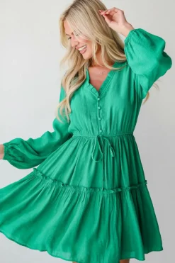 New Dear-Lover Frilly V Neck Puff Sleeve Drawstring Shift Mini Dress Sea Green