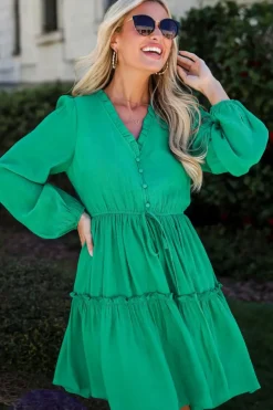 New Dear-Lover Frilly V Neck Puff Sleeve Drawstring Shift Mini Dress Sea Green