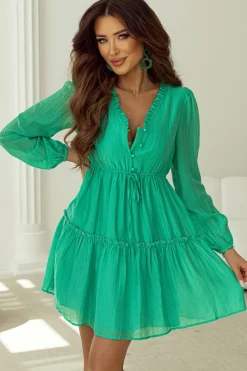 New Dear-Lover Frilly V Neck Puff Sleeve Drawstring Shift Mini Dress Sea Green