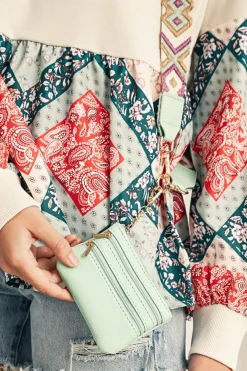 New Dear-Lover Geometric Printed Phone Strap And Detachable Zipped Pouch Sea Green