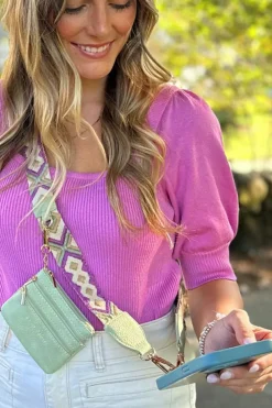 New Dear-Lover Geometric Printed Phone Strap And Detachable Zipped Pouch Sea Green