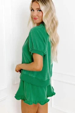 Hot Dear-Lover Half Zip Puff Sleeve Top and Ruffled Shorts Set Sea Green