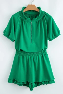 Hot Dear-Lover Half Zip Puff Sleeve Top and Ruffled Shorts Set Sea Green