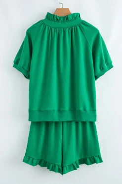Hot Dear-Lover Half Zip Puff Sleeve Top and Ruffled Shorts Set Sea Green